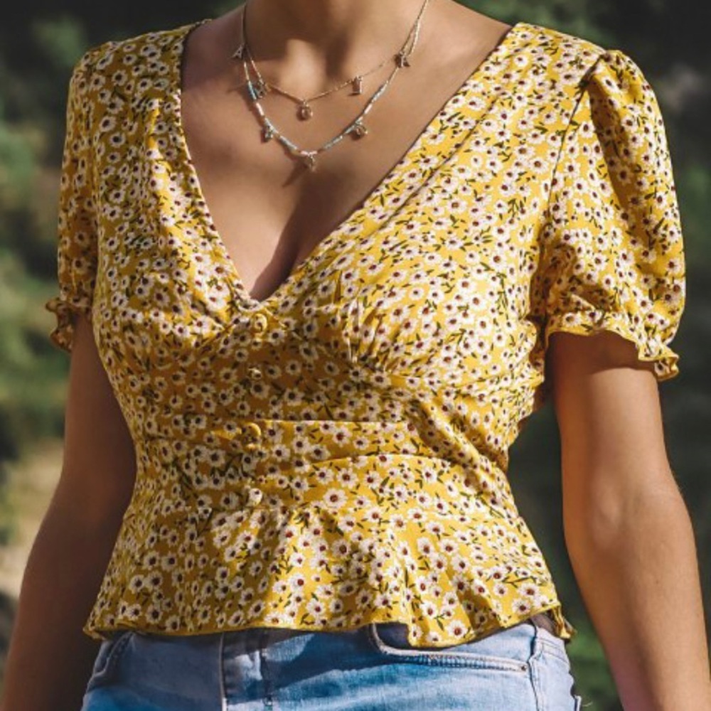 Yellow Floral Short Sleeve Blouse